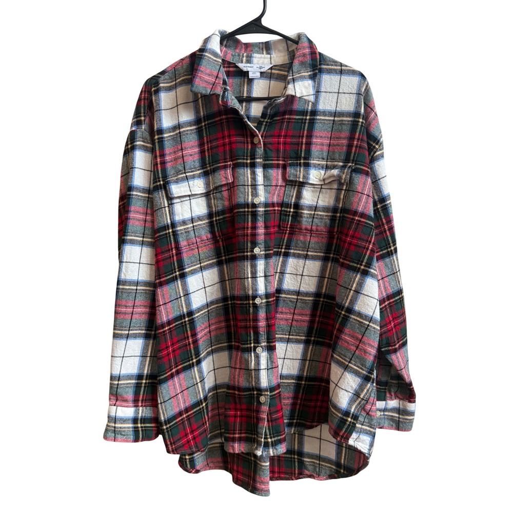 Old Navy The Boyfriend Shirt XXL Tall White Tartan Plaid Cotton Flannel Tunic